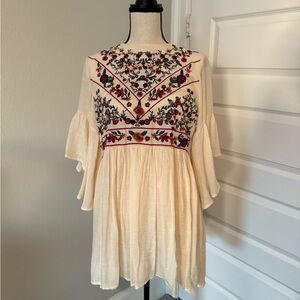 Umgee Floral Embroidered Boho Cream Mini Dress